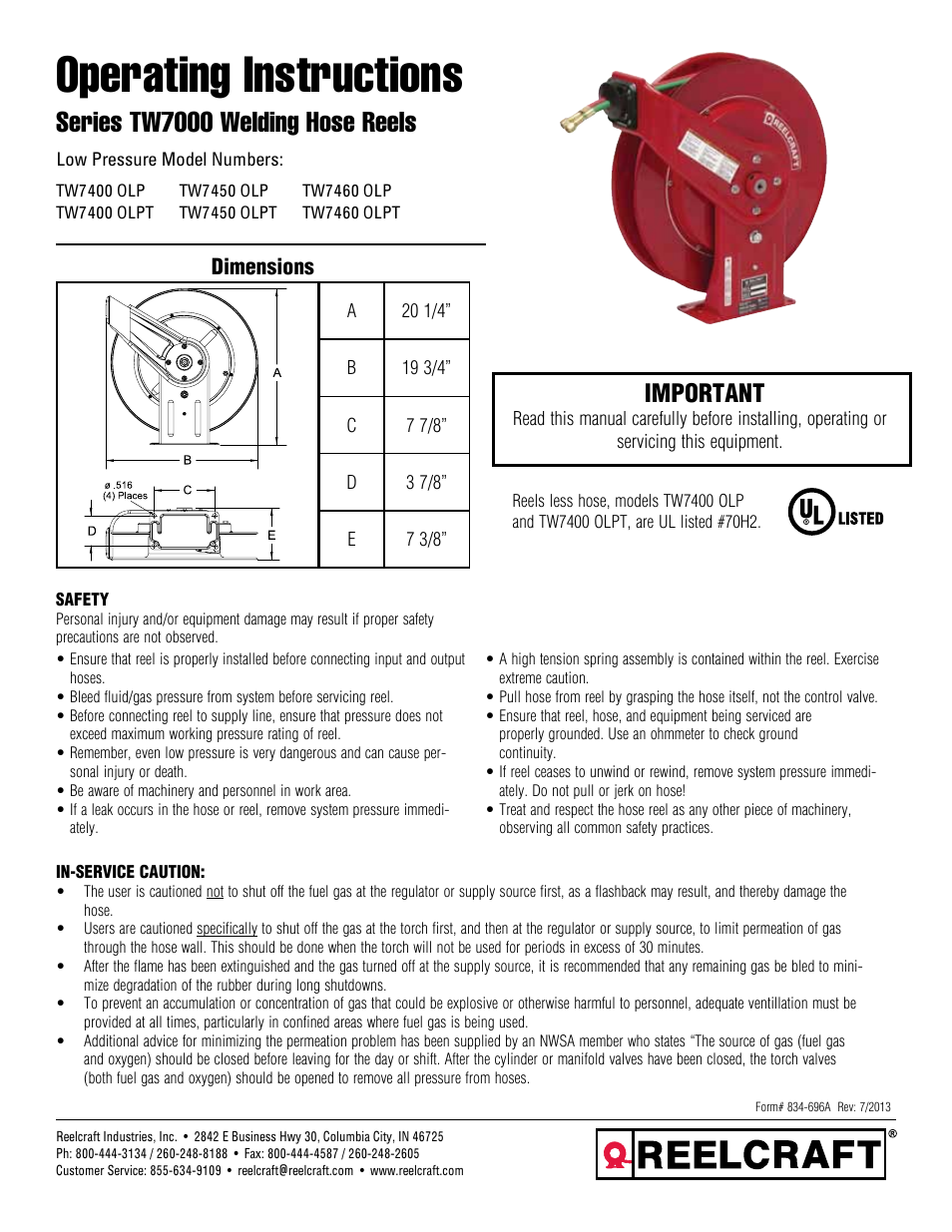 Reelcraft Series TW7000 Welding Hose Reels User Manual | 9 pages