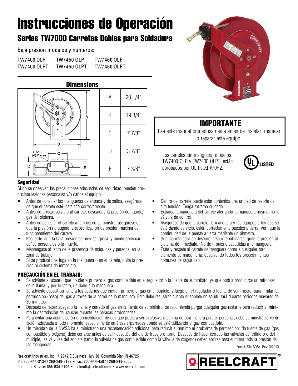 Instrucciones de operación, Series tw7000 carretes dobles para soldadura, Importante | Dimensions | Reelcraft Series TW7000 Welding Hose Reels User Manual | Page 4 / 9