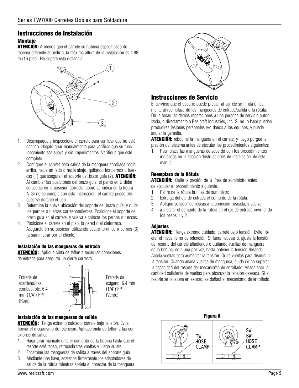 Instrucciones de instalación, Instrucciones de servicio | Reelcraft Series TW7000 Welding Hose Reels User Manual | Page 5 / 9
