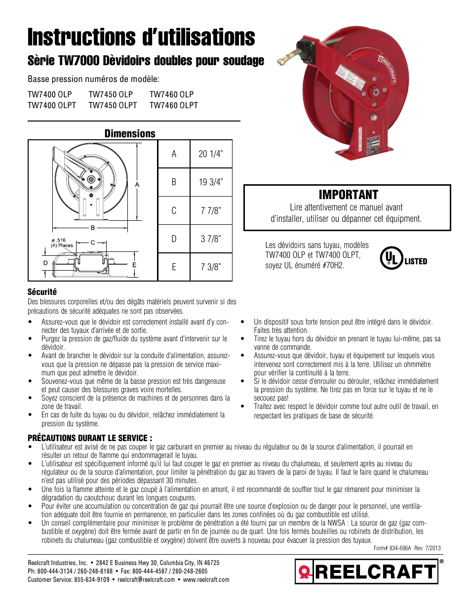 Instructions d’utilisations, Sèrie tw7000 dèvidoirs doubles pour soudage, Important | Dimensions | Reelcraft Series TW7000 Welding Hose Reels User Manual | Page 7 / 9