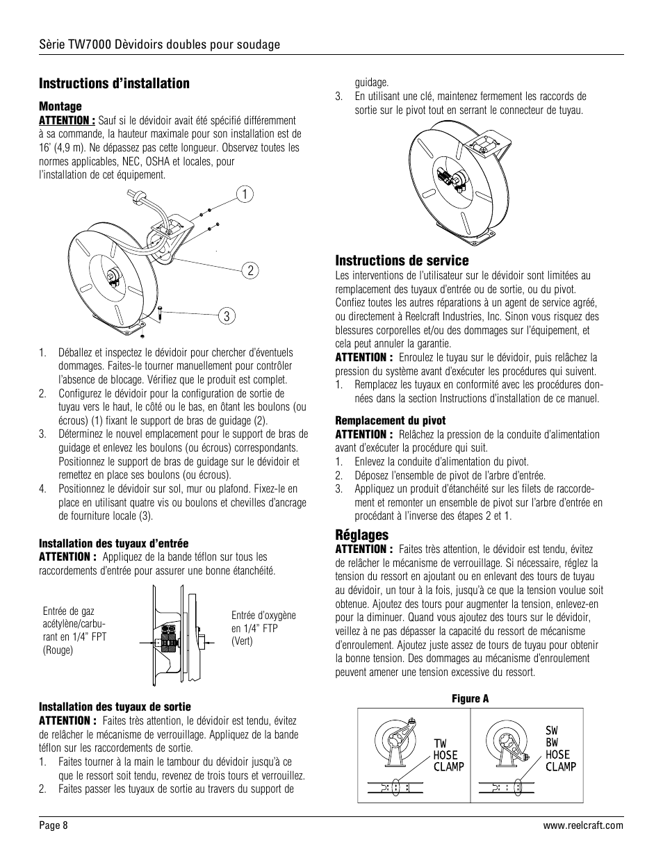 Instructions d’installation, Instructions de service, Réglages | Reelcraft Series TW7000 Welding Hose Reels User Manual | Page 8 / 9