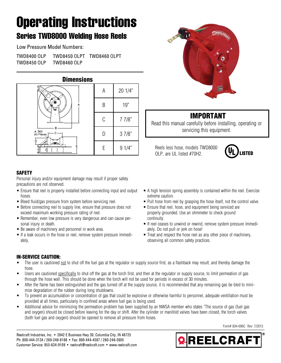 Reelcraft Series TWD8000 Welding Hose Reels User Manual | 9 pages