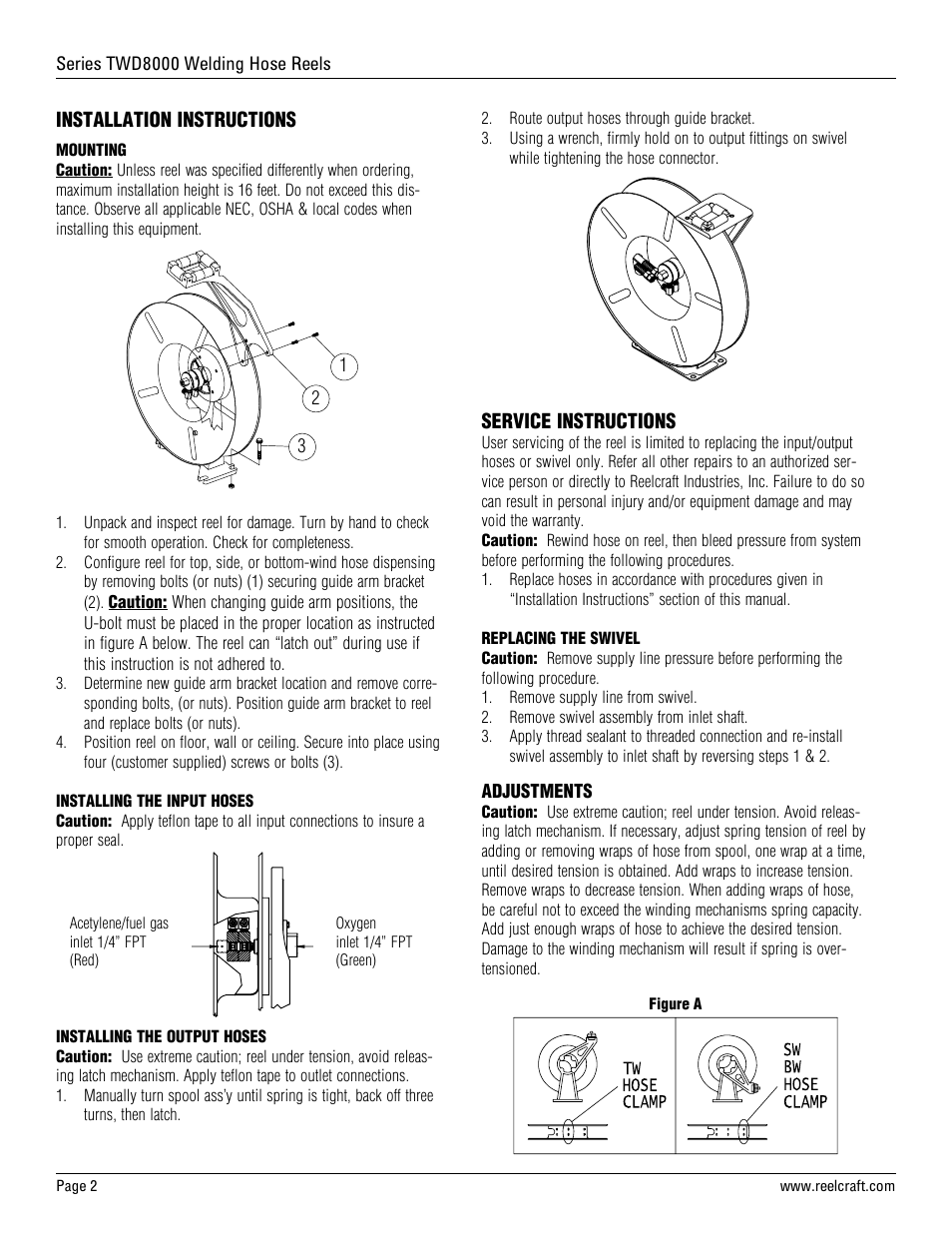 Installation instructions, Service instructions | Reelcraft Series TWD8000 Welding Hose Reels User Manual | Page 2 / 9