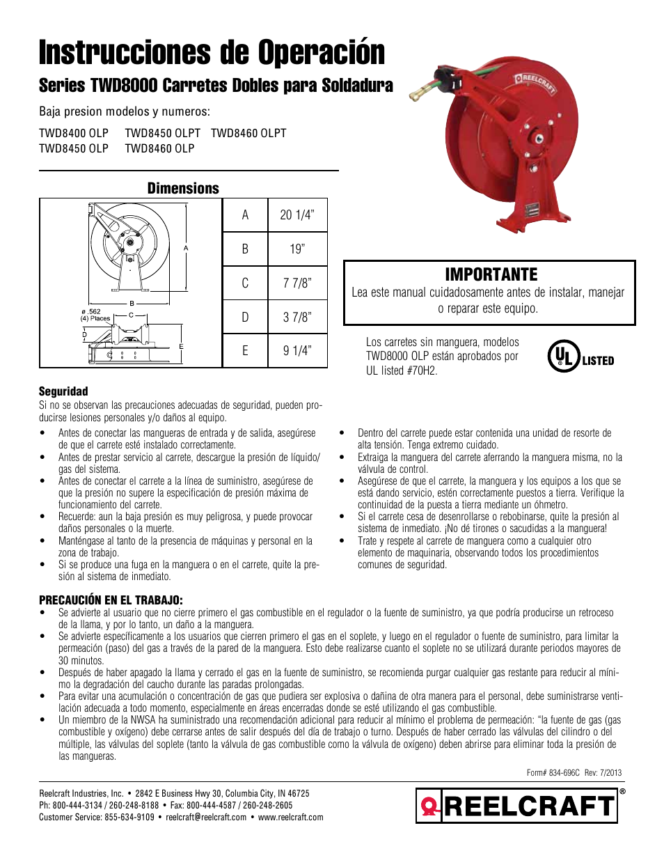 Instrucciones de operación, Series twd8000 carretes dobles para soldadura, Importante | Dimensions | Reelcraft Series TWD8000 Welding Hose Reels User Manual | Page 4 / 9