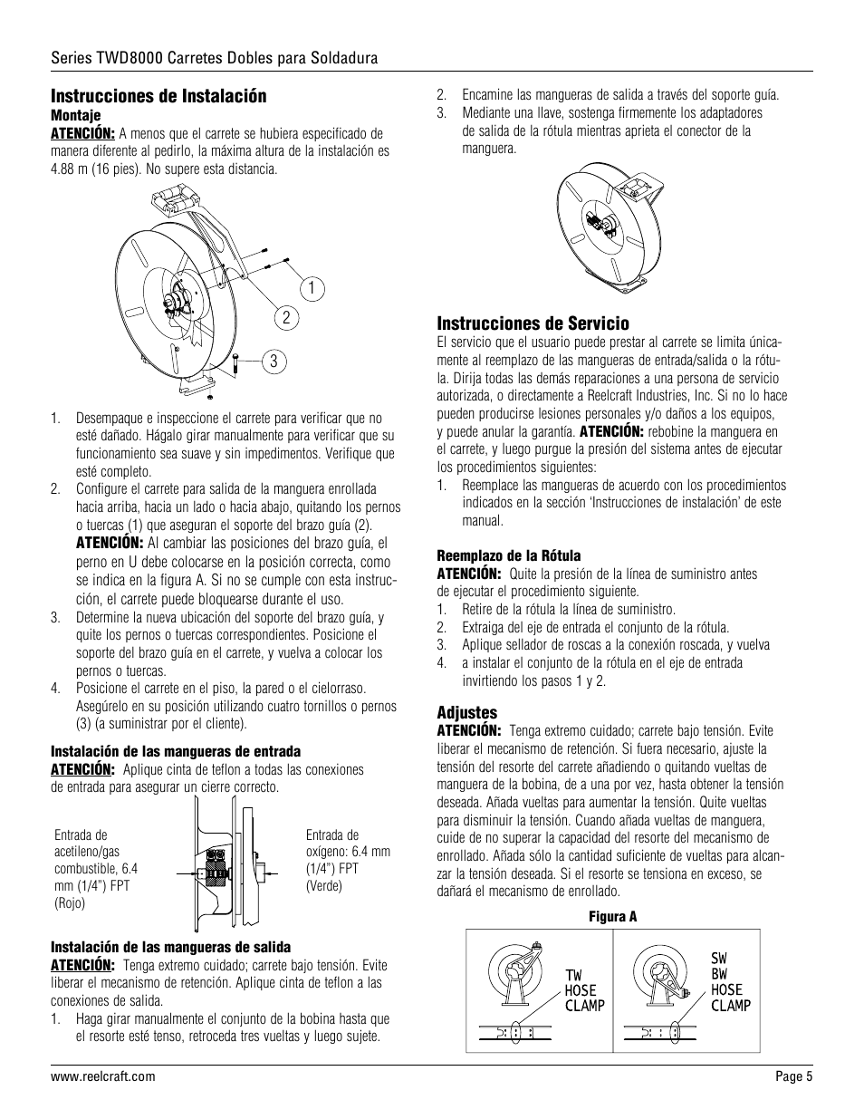 Instrucciones de instalación, Instrucciones de servicio | Reelcraft Series TWD8000 Welding Hose Reels User Manual | Page 5 / 9