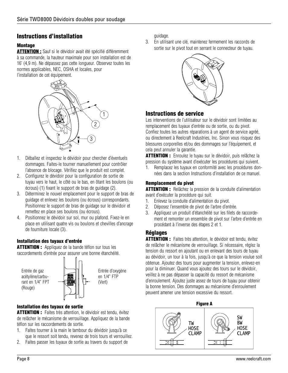 Instructions d’installation, Instructions de service | Reelcraft Series TWD8000 Welding Hose Reels User Manual | Page 8 / 9