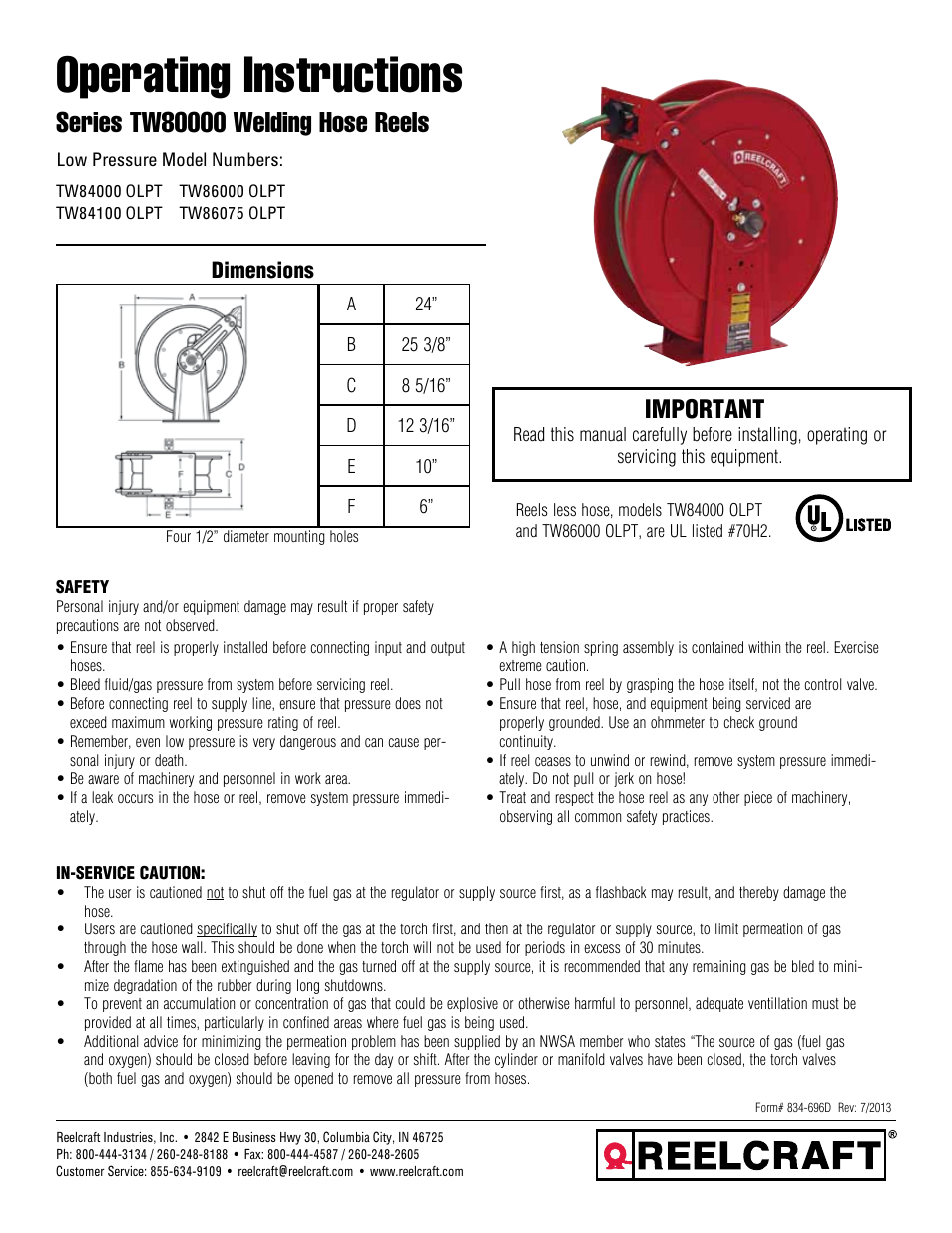 Reelcraft Series TW80000 Welding Hose Reels User Manual | 9 pages