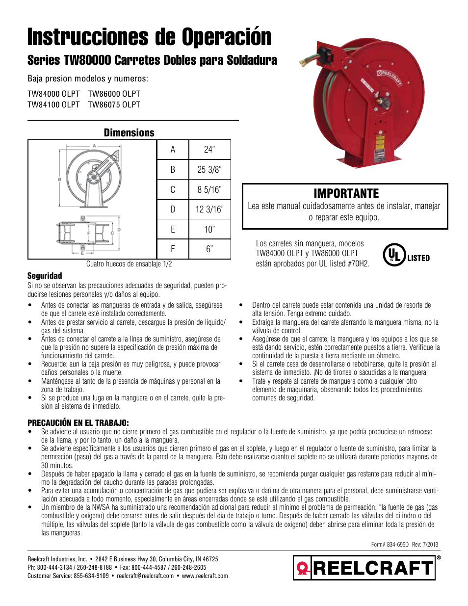 Instrucciones de operación, Importante, Dimensions | Reelcraft Series TW80000 Welding Hose Reels User Manual | Page 4 / 9
