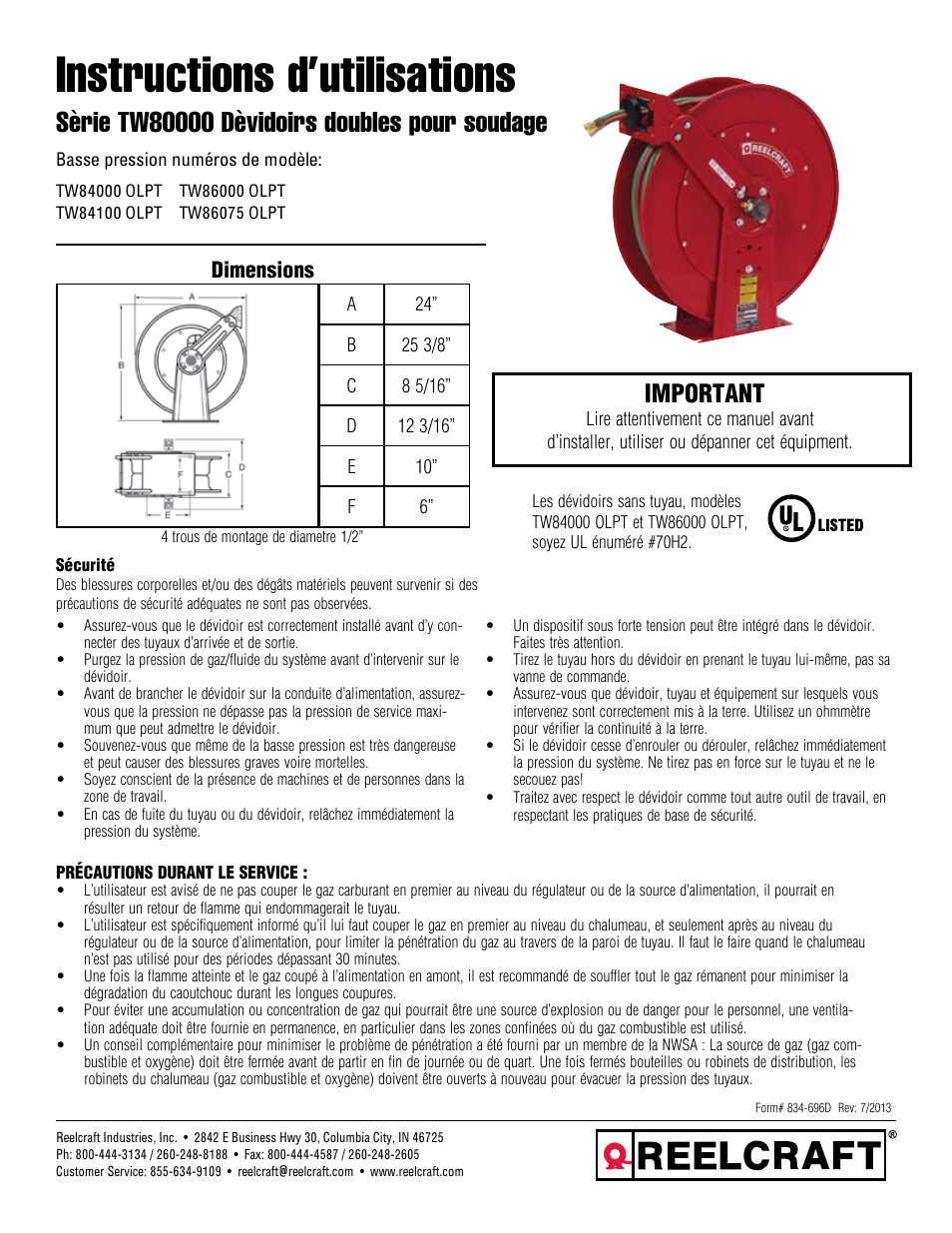 Instructions d’utilisations, Important, Dimensions | Reelcraft Series TW80000 Welding Hose Reels User Manual | Page 7 / 9