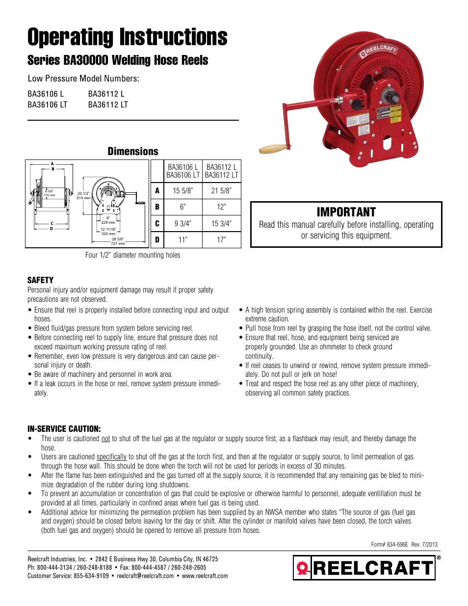 Reelcraft Series BA30000 Welding Hose Reels User Manual | 12 pages