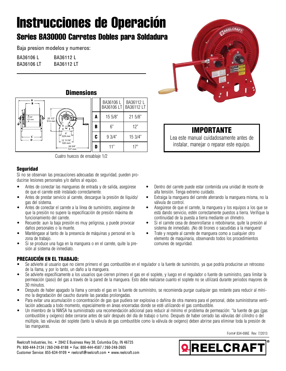 Instrucciones de operación, Importante, Dimensions | Reelcraft Series BA30000 Welding Hose Reels User Manual | Page 5 / 12