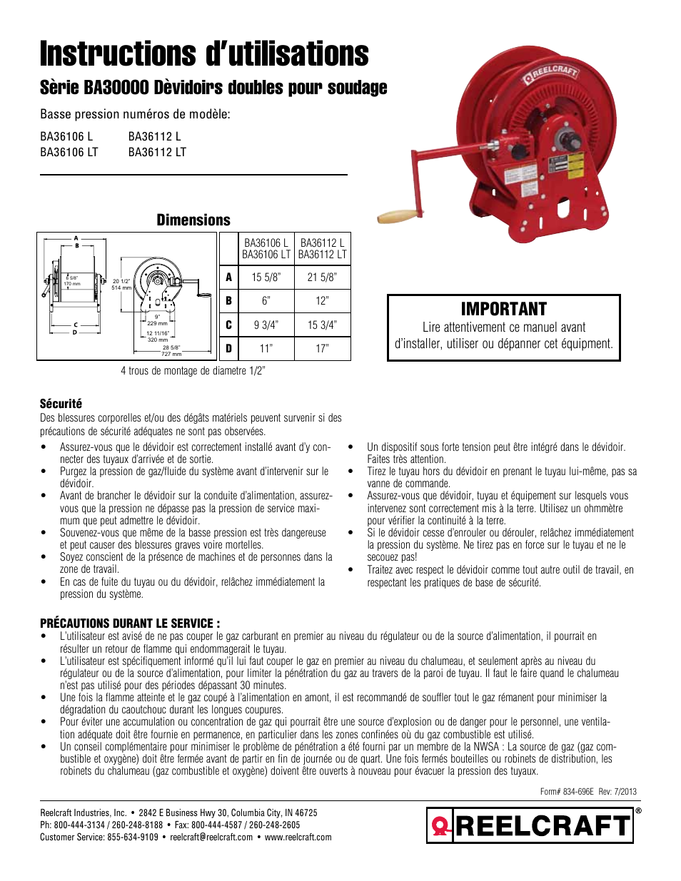 Instructions d’utilisations, Important, Dimensions | Reelcraft Series BA30000 Welding Hose Reels User Manual | Page 9 / 12