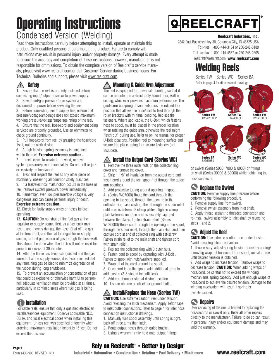 Reelcraft Welding Reels Condensed Version User Manual | 4 pages