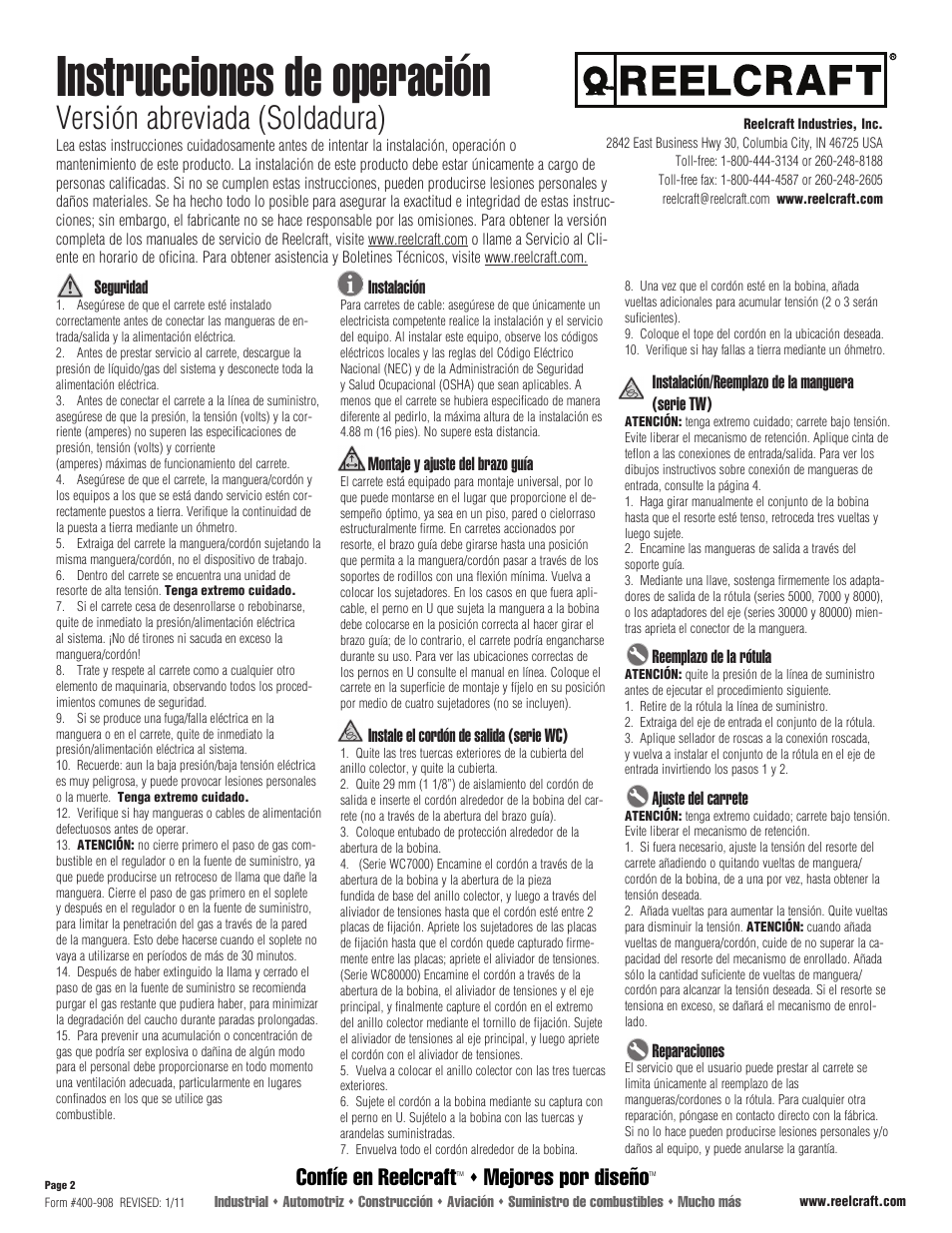 Instrucciones de operación, Versión abreviada (soldadura), Confíe en reelcraft | Mejores por diseño | Reelcraft Welding Reels Condensed Version User Manual | Page 2 / 4