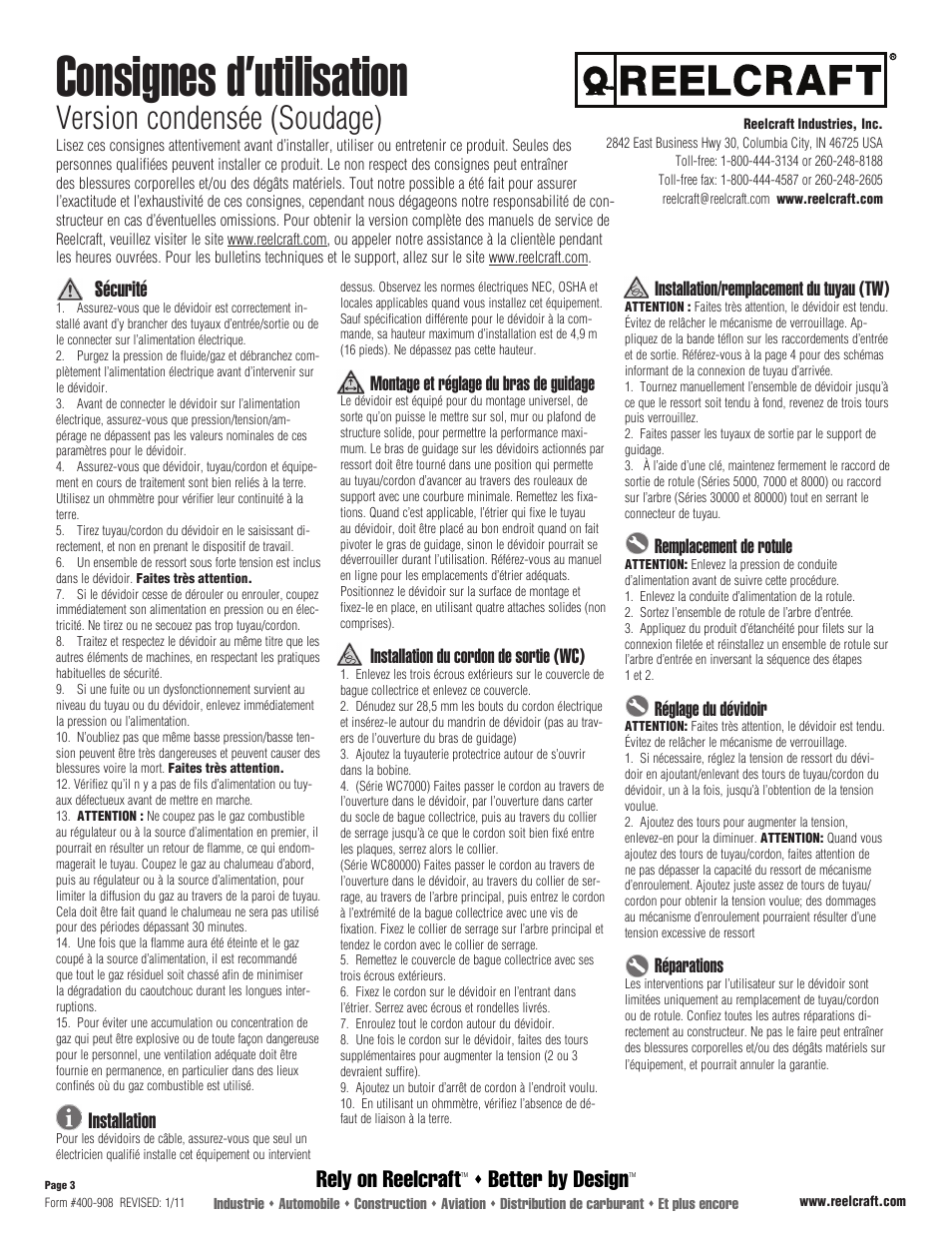 Consignes d’utilisation, Version condensée (soudage), Rely on reelcraft | Better by design, Sécurité, Installation, Montage et réglage du bras de guidage, Installation du cordon de sortie (wc), Installation/remplacement du tuyau (tw), Remplacement de rotule | Reelcraft Welding Reels Condensed Version User Manual | Page 3 / 4