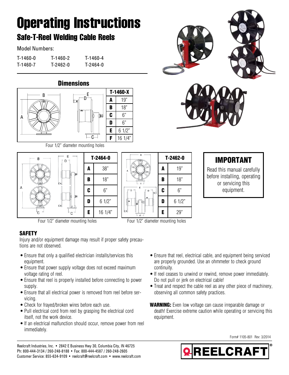 Reelcraft Safe-T-Reel Welding Cable Reels (T-14xx-x) User Manual | 3 pages