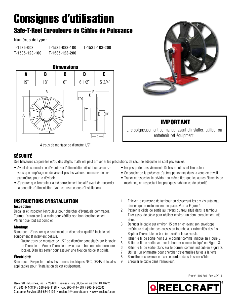 Consignes d’utilisation, Safe-t-reel enrouleurs de câbles de puissance, Important | Dimensions | Reelcraft Safe-T-Reel Power Cable Reels (T-15xx-x) User Manual | Page 7 / 9