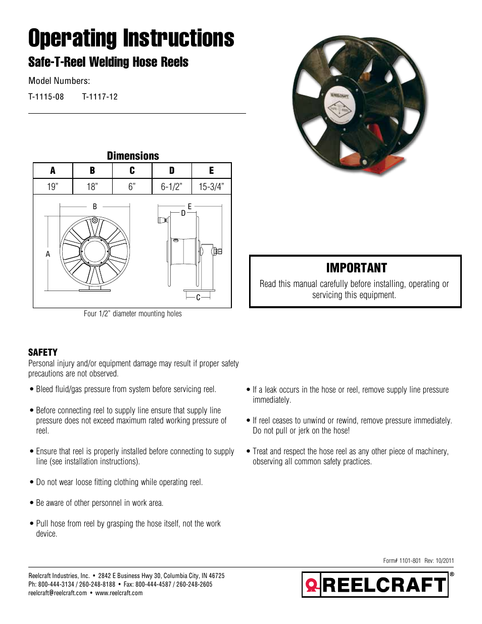 Reelcraft Safe-T-Reel Welding Hose Reels (T-1115-xx) User Manual | 9 pages