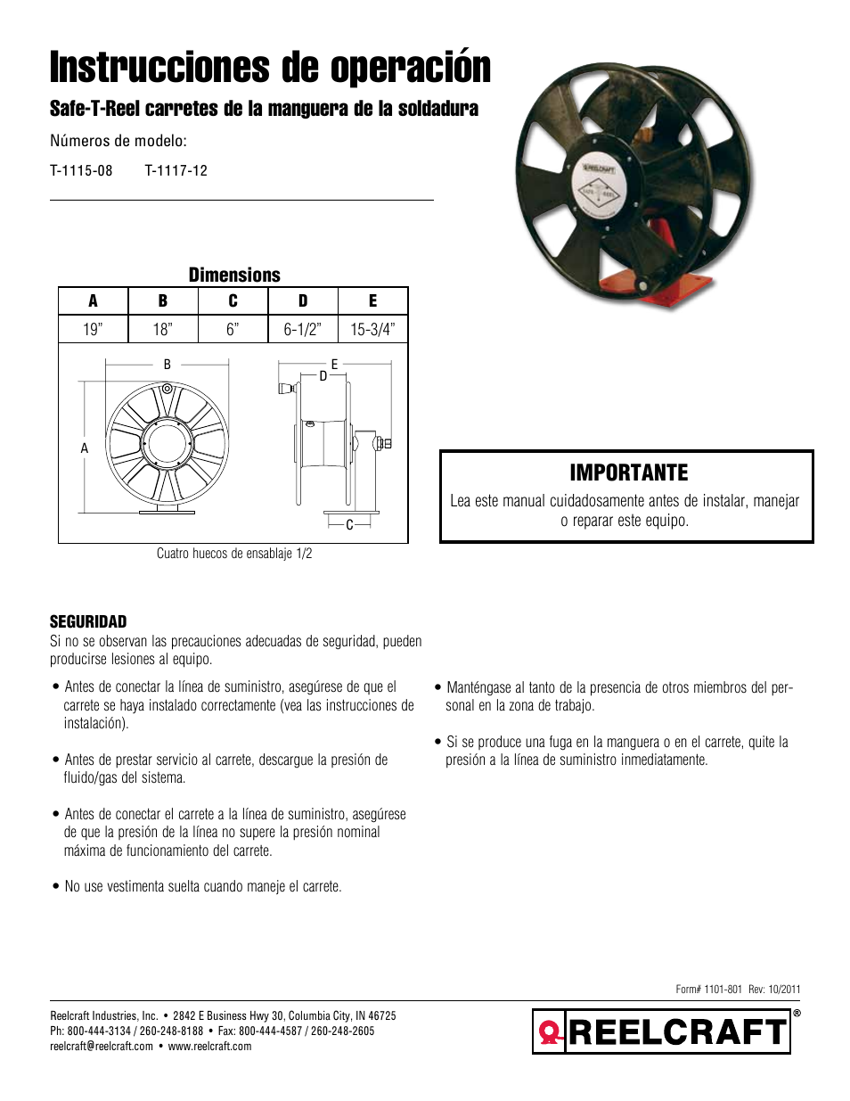 Instrucciones de operación, Importante | Reelcraft Safe-T-Reel Welding Hose Reels (T-1115-xx) User Manual | Page 4 / 9