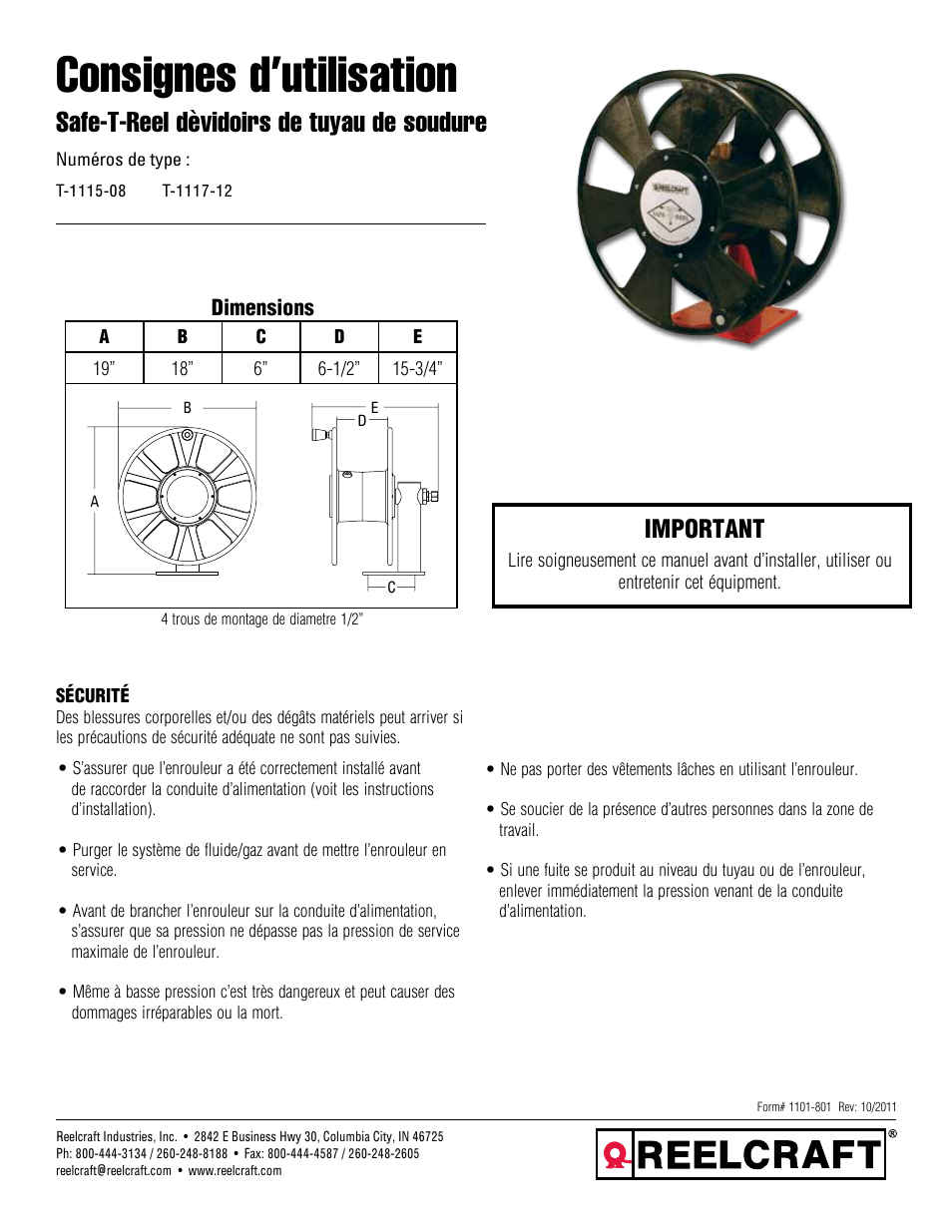 Consignes d’utilisation, Safe-t-reel dèvidoirs de tuyau de soudure, Important | Reelcraft Safe-T-Reel Welding Hose Reels (T-1115-xx) User Manual | Page 7 / 9