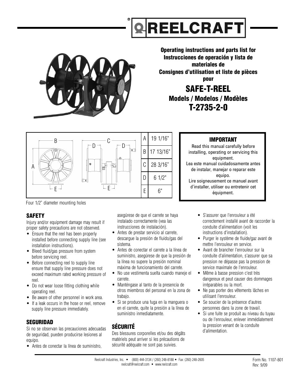 Reelcraft Safe-T-Reel (T-2735-2-0) User Manual | 4 pages