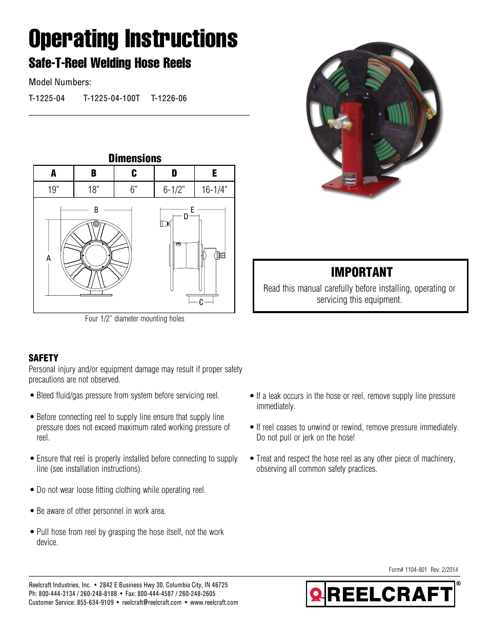 Reelcraft Safe-T-Reel Welding Hose Reels (T-1225-04, T-1225-04-100T, T-1226-06) User Manual | 9 pages