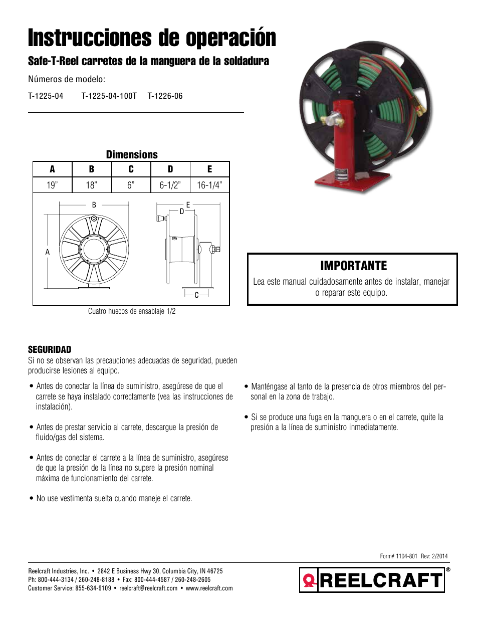 Instrucciones de operación, Importante | Reelcraft Safe-T-Reel Welding Hose Reels (T-1225-04, T-1225-04-100T, T-1226-06) User Manual | Page 4 / 9