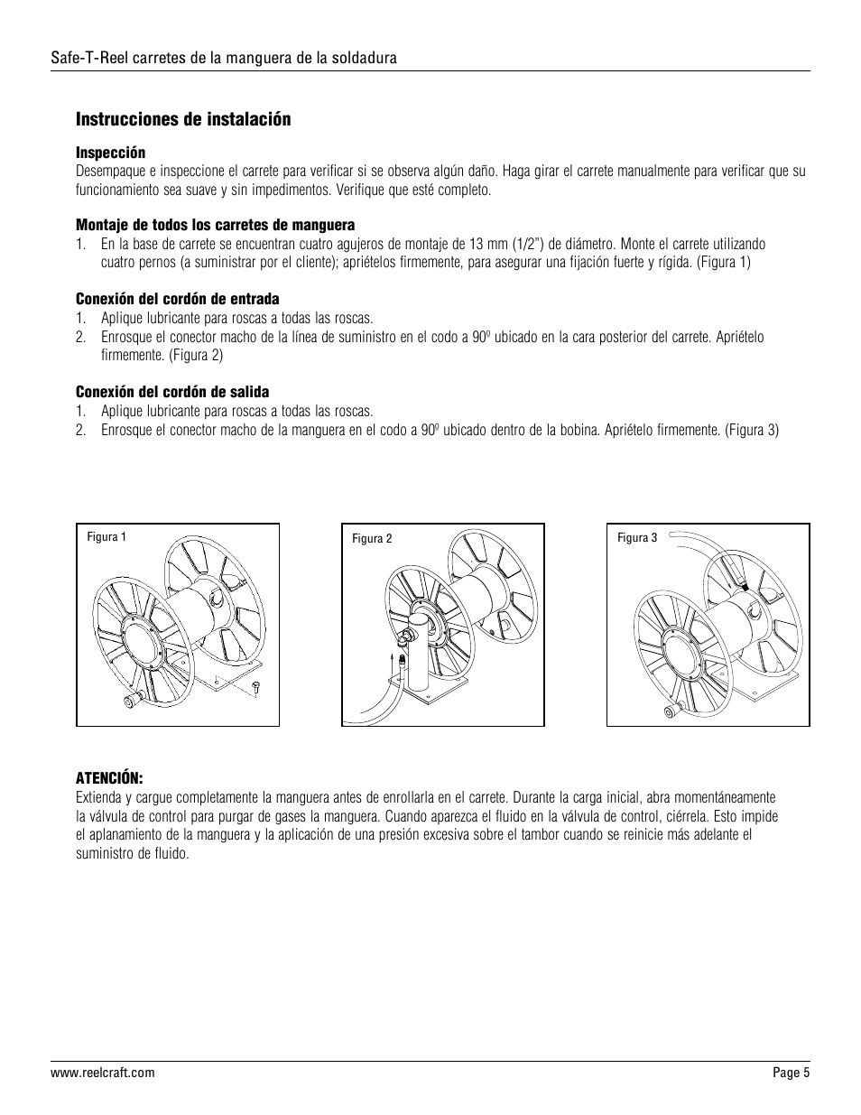 Instrucciones de instalación | Reelcraft Safe-T-Reel Welding Hose Reels (T-1225-04, T-1225-04-100T, T-1226-06) User Manual | Page 5 / 9