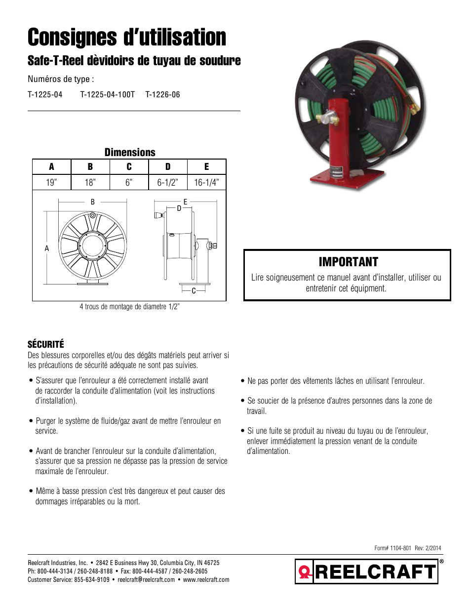 Consignes d’utilisation, Safe-t-reel dèvidoirs de tuyau de soudure, Important | Reelcraft Safe-T-Reel Welding Hose Reels (T-1225-04, T-1225-04-100T, T-1226-06) User Manual | Page 7 / 9