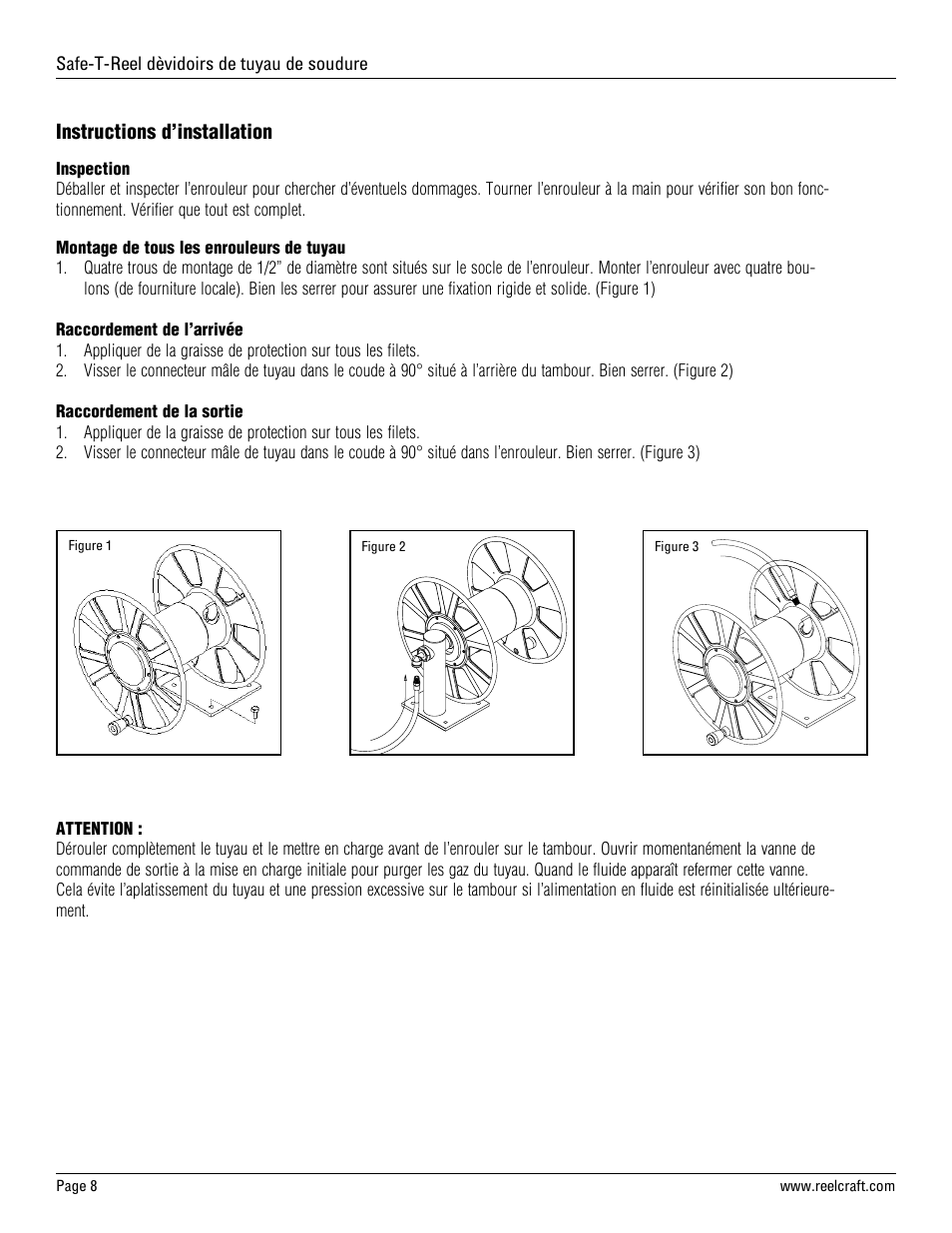 Instructions d’installation | Reelcraft Safe-T-Reel Welding Hose Reels (T-1225-04, T-1225-04-100T, T-1226-06) User Manual | Page 8 / 9