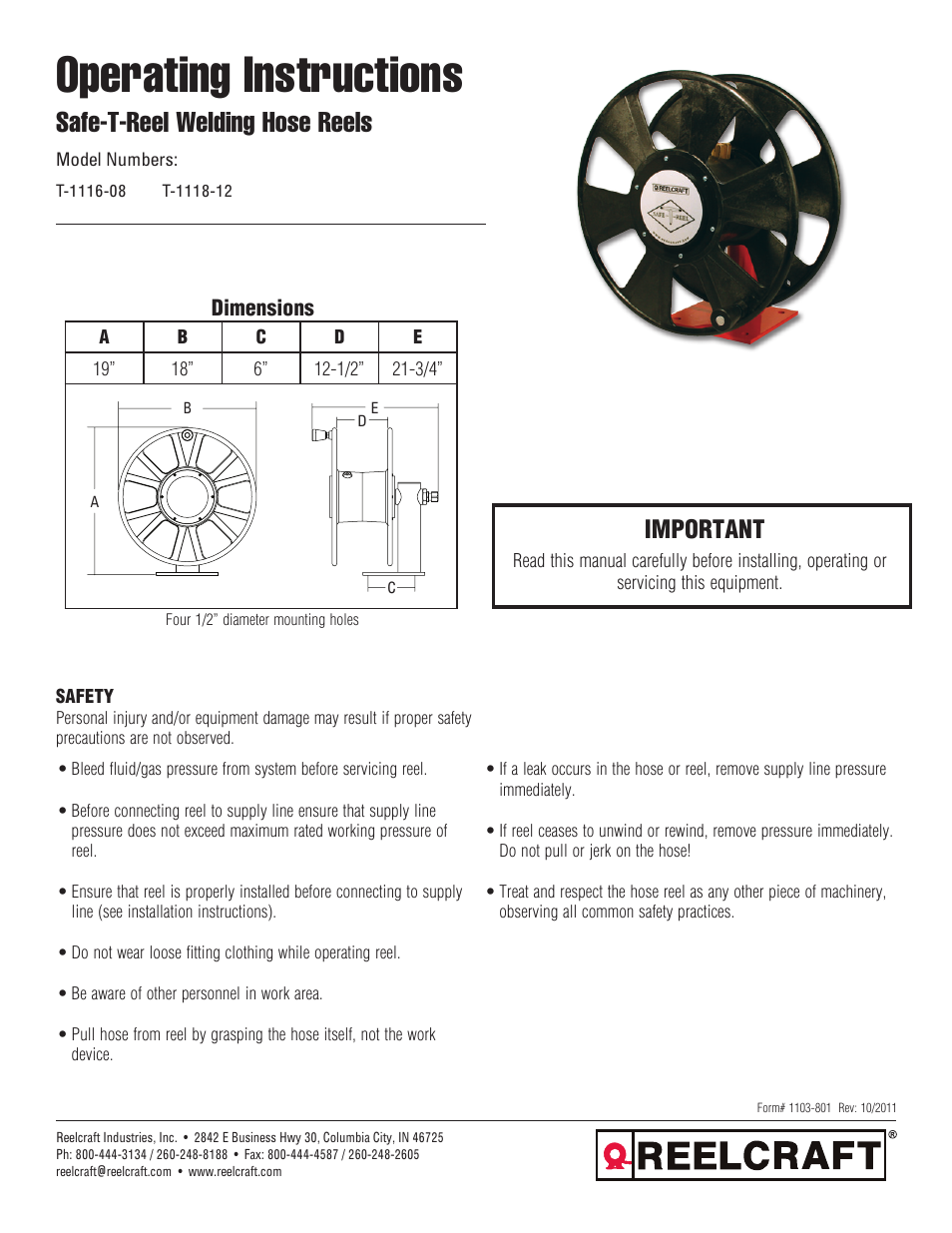 Reelcraft Safe-T-Reel Welding Hose Reels (T-1116-08, T-1118-12) User Manual | 9 pages