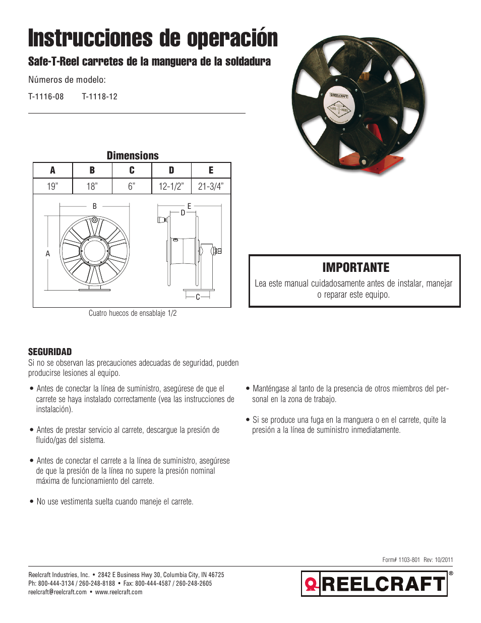 Instrucciones de operación, Importante | Reelcraft Safe-T-Reel Welding Hose Reels (T-1116-08, T-1118-12) User Manual | Page 4 / 9