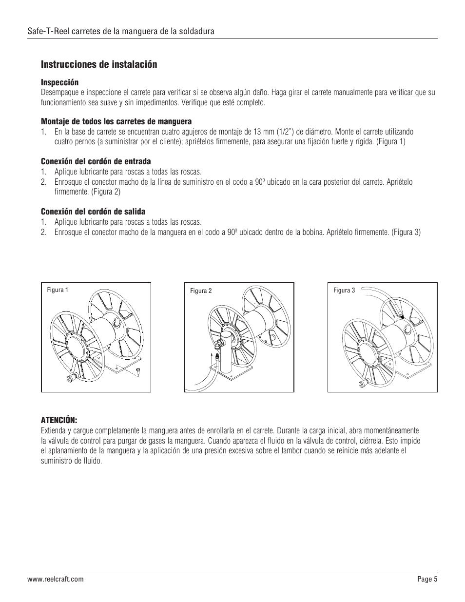 Instrucciones de instalación | Reelcraft Safe-T-Reel Welding Hose Reels (T-1116-08, T-1118-12) User Manual | Page 5 / 9
