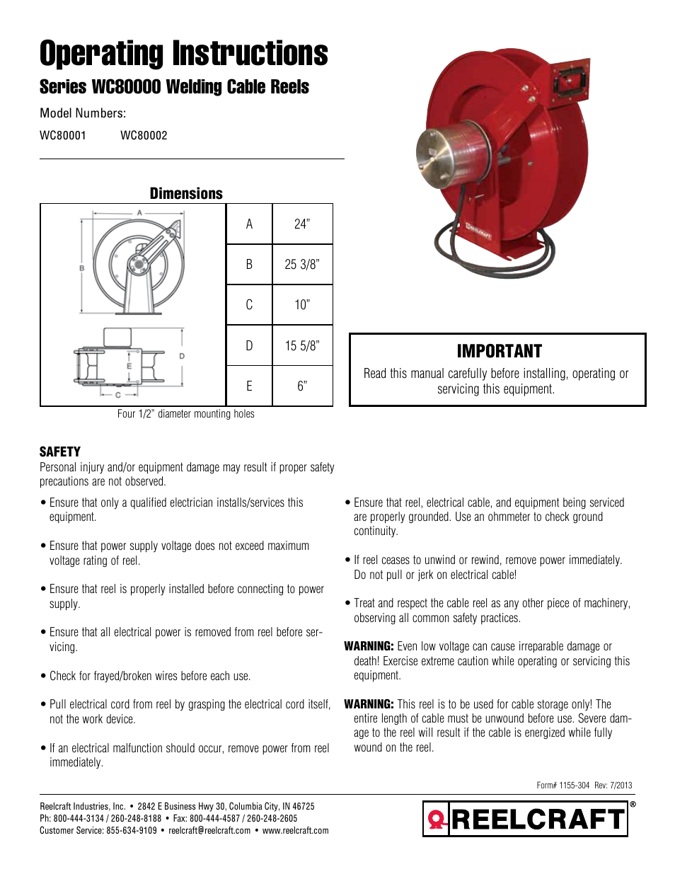 Reelcraft Series WC80000 Welding Cable Reels User Manual | 3 pages