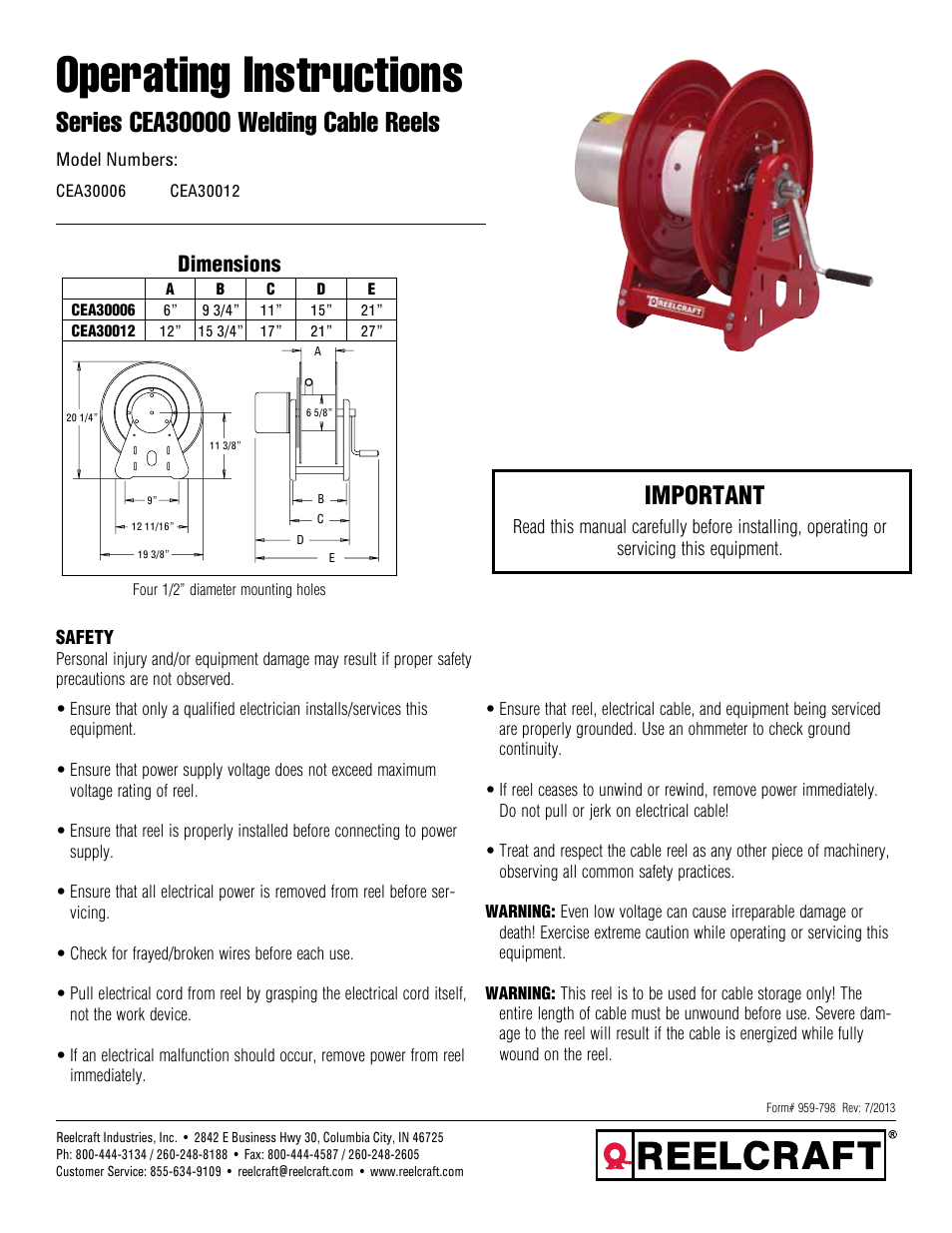 Reelcraft Series CEA30000 Welding Cable Reels User Manual | 3 pages