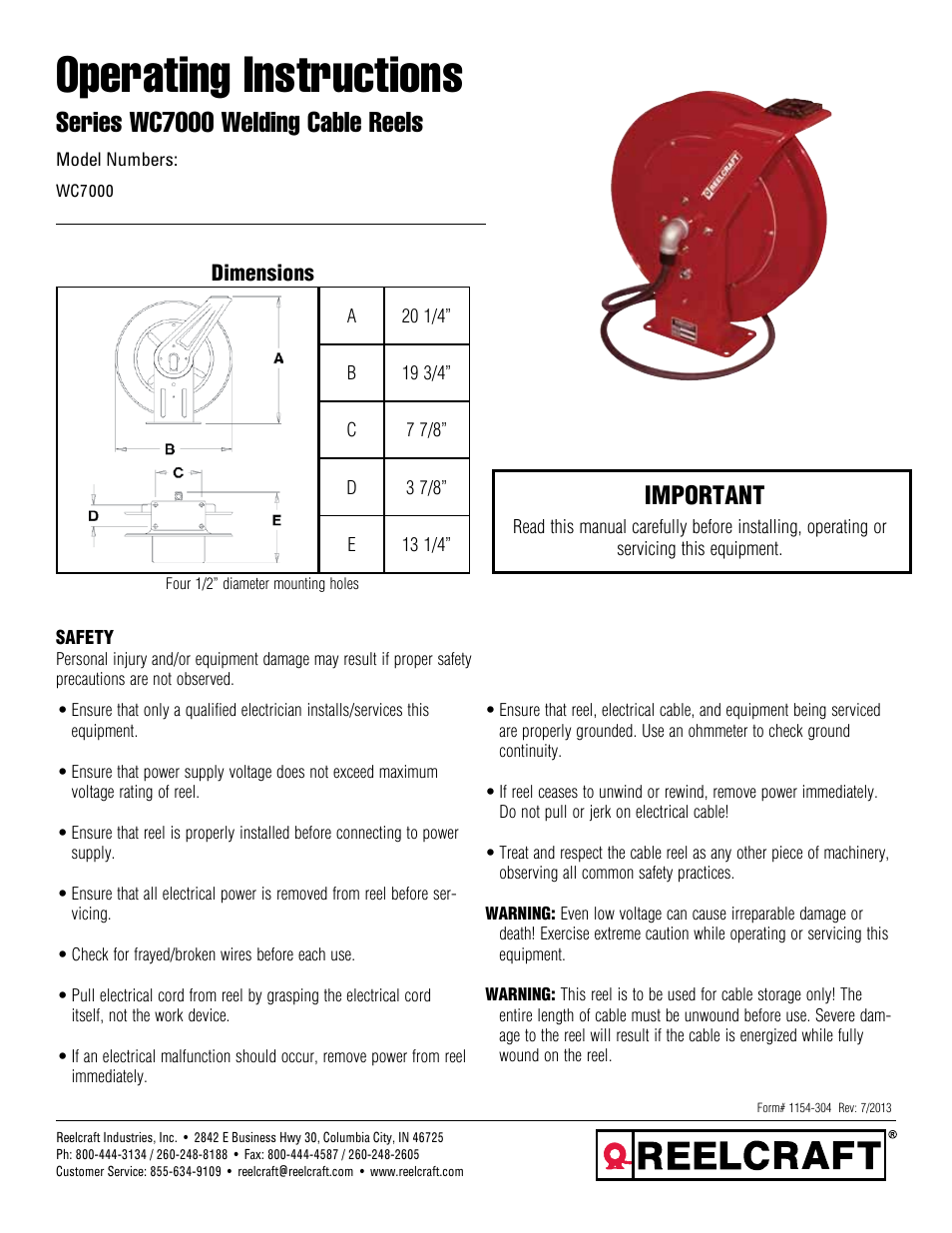 Reelcraft Series WC7000 Welding Cable Reels User Manual | 9 pages