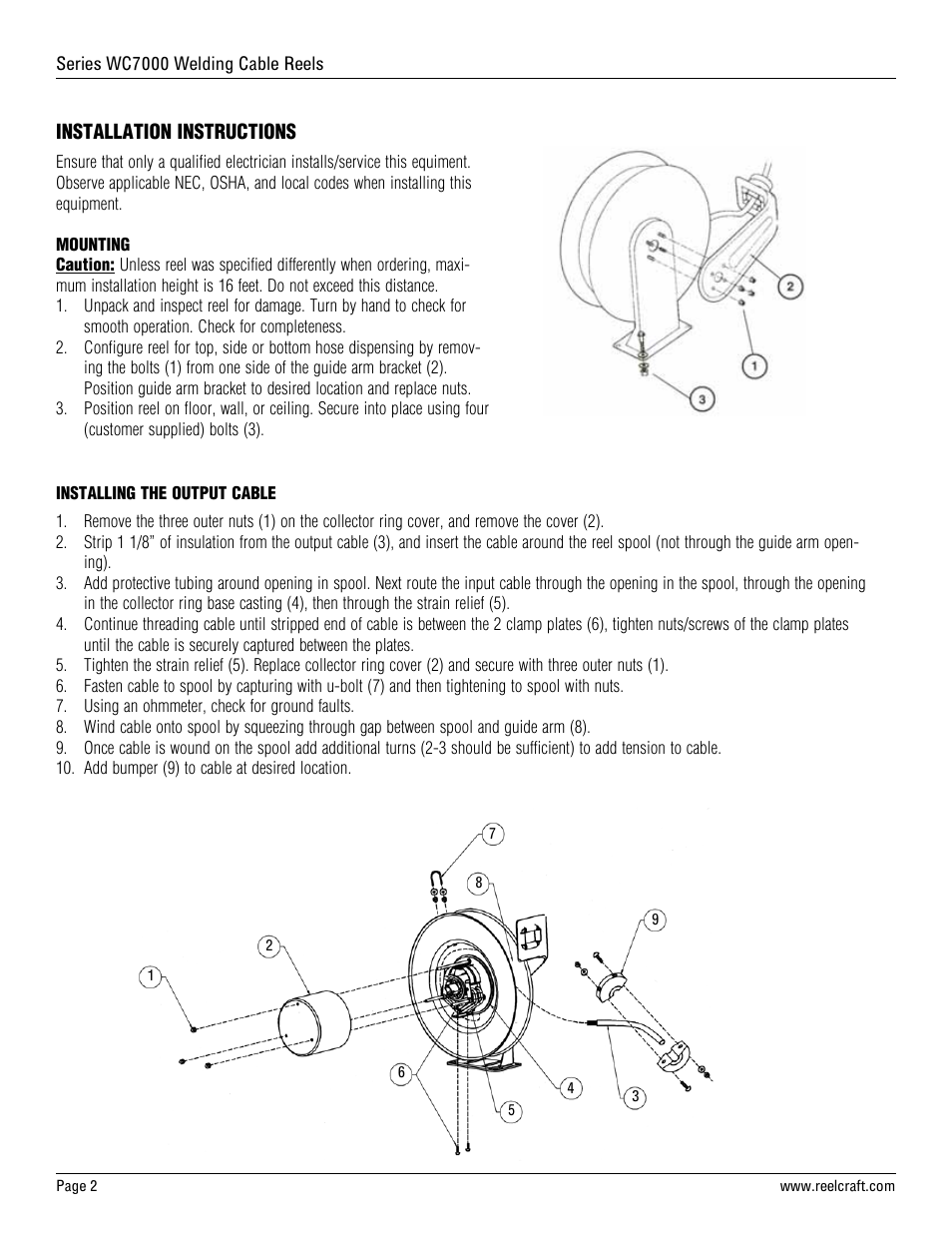 Installation instructions | Reelcraft Series WC7000 Welding Cable Reels User Manual | Page 2 / 9