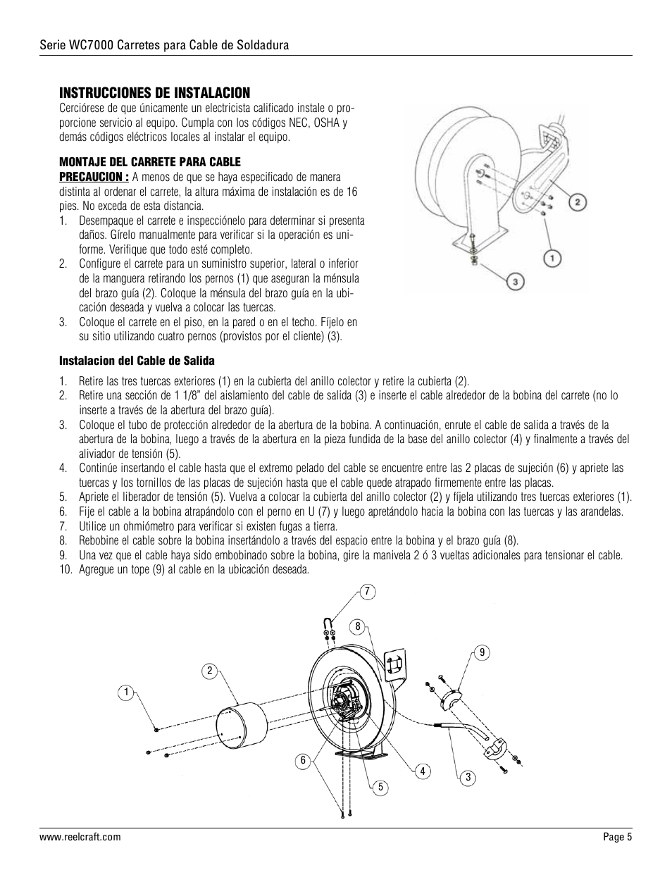 Instrucciones de instalacion | Reelcraft Series WC7000 Welding Cable Reels User Manual | Page 5 / 9