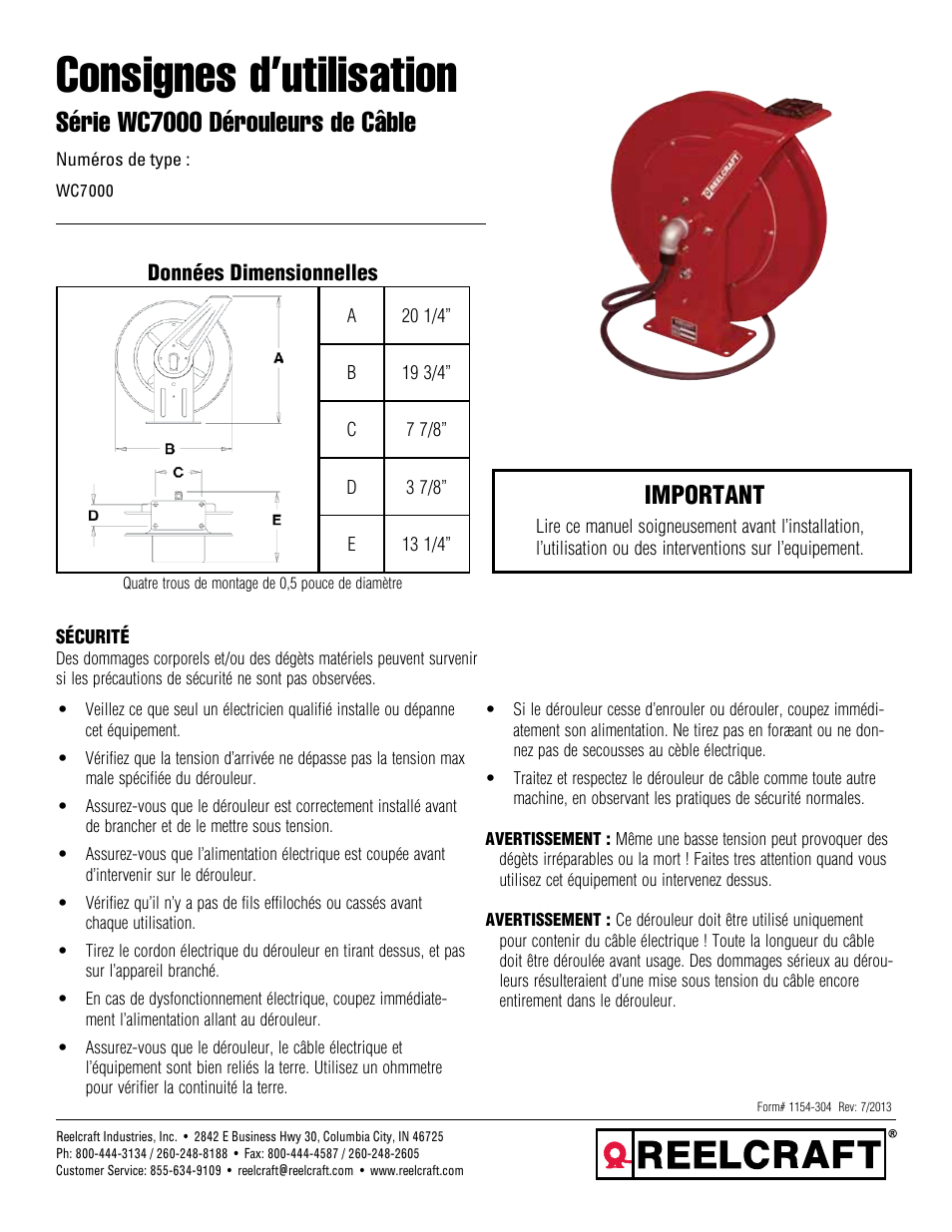 Consignes d’utilisation, Série wc7000 dérouleurs de câble, Important | Reelcraft Series WC7000 Welding Cable Reels User Manual | Page 7 / 9