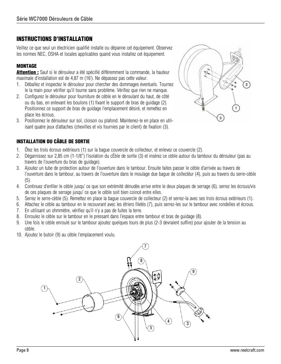 Instructions d’installation | Reelcraft Series WC7000 Welding Cable Reels User Manual | Page 8 / 9