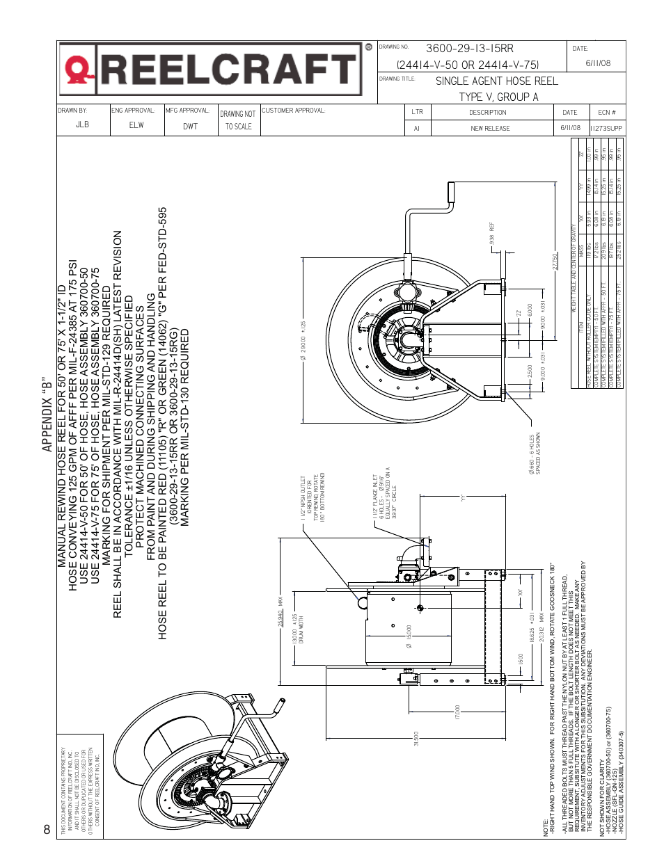 Appendix “b” 8, Drawing not to scale, Dwt elw | Reelcraft AFFF Hose Reels MIL-R-24414-V-75 User Manual | Page 10 / 15