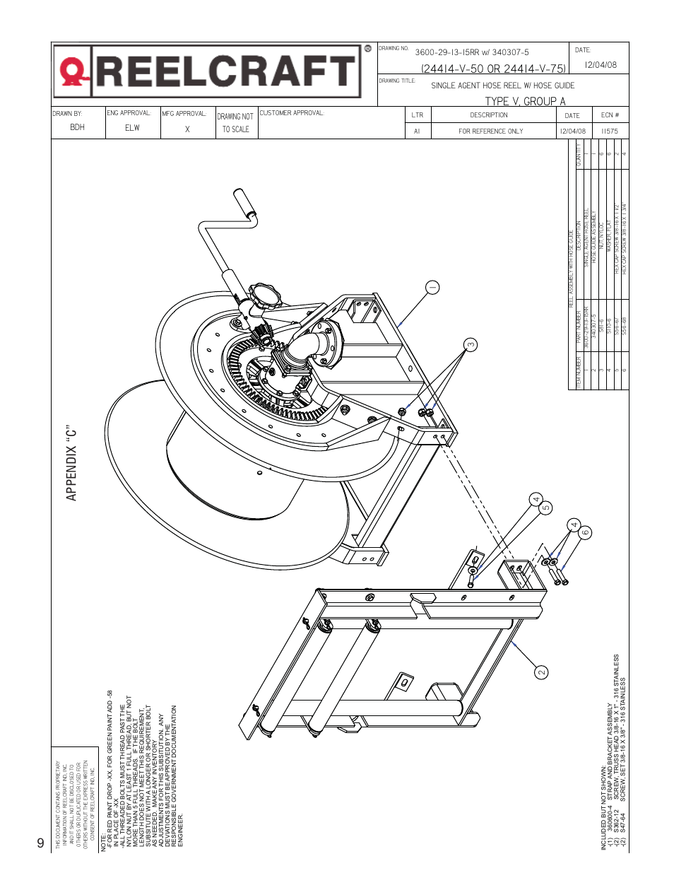 Type v, group a, Wind things up with reelcraft, Appendix “c” 9 | Xelw, Single agent hose reel w/ hose guide | Reelcraft AFFF Hose Reels MIL-R-24414-V-75 User Manual | Page 11 / 15
