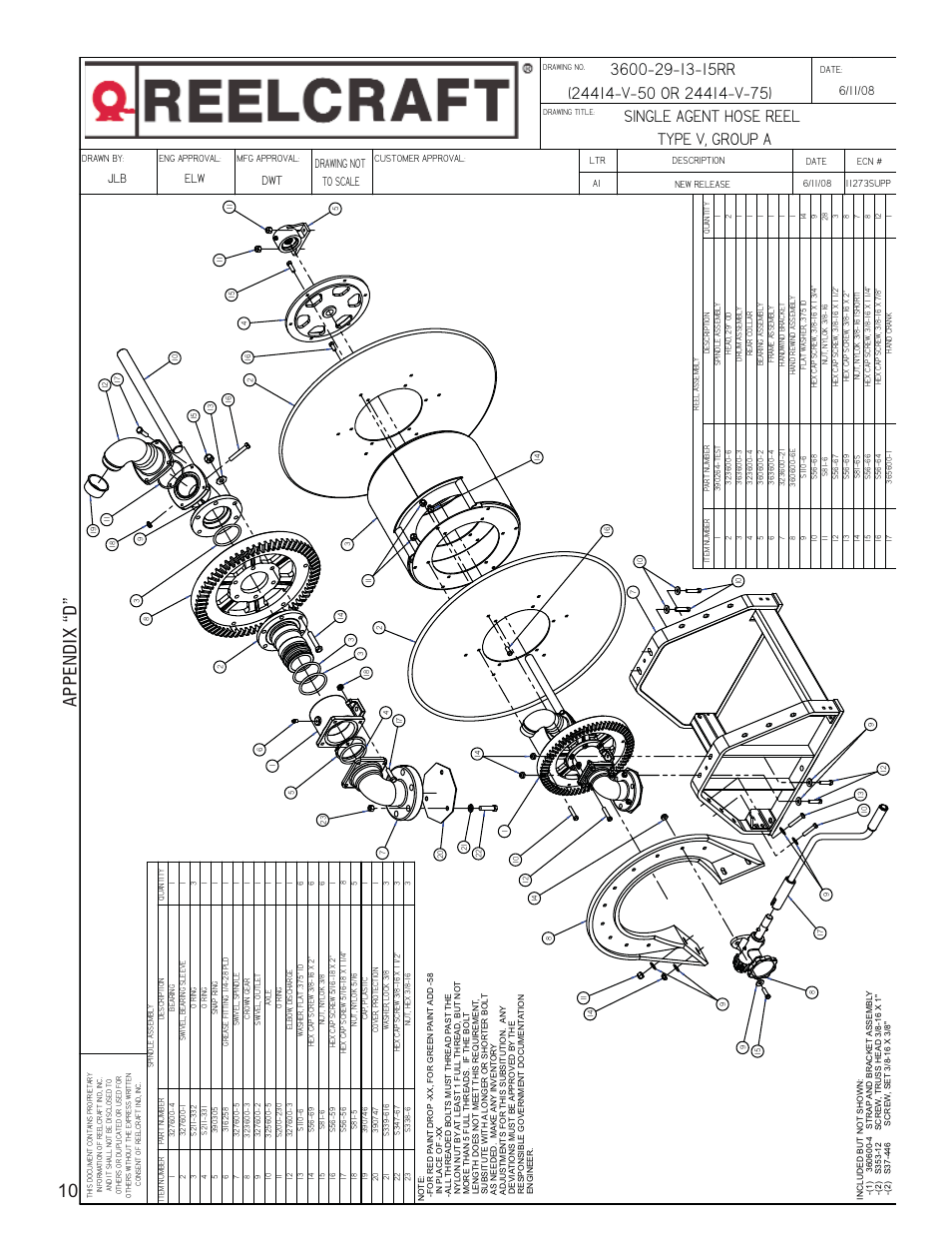 Appendix “d” 10, Drawing not to scale, Dwt elw | Reelcraft AFFF Hose Reels MIL-R-24414-V-75 User Manual | Page 12 / 15