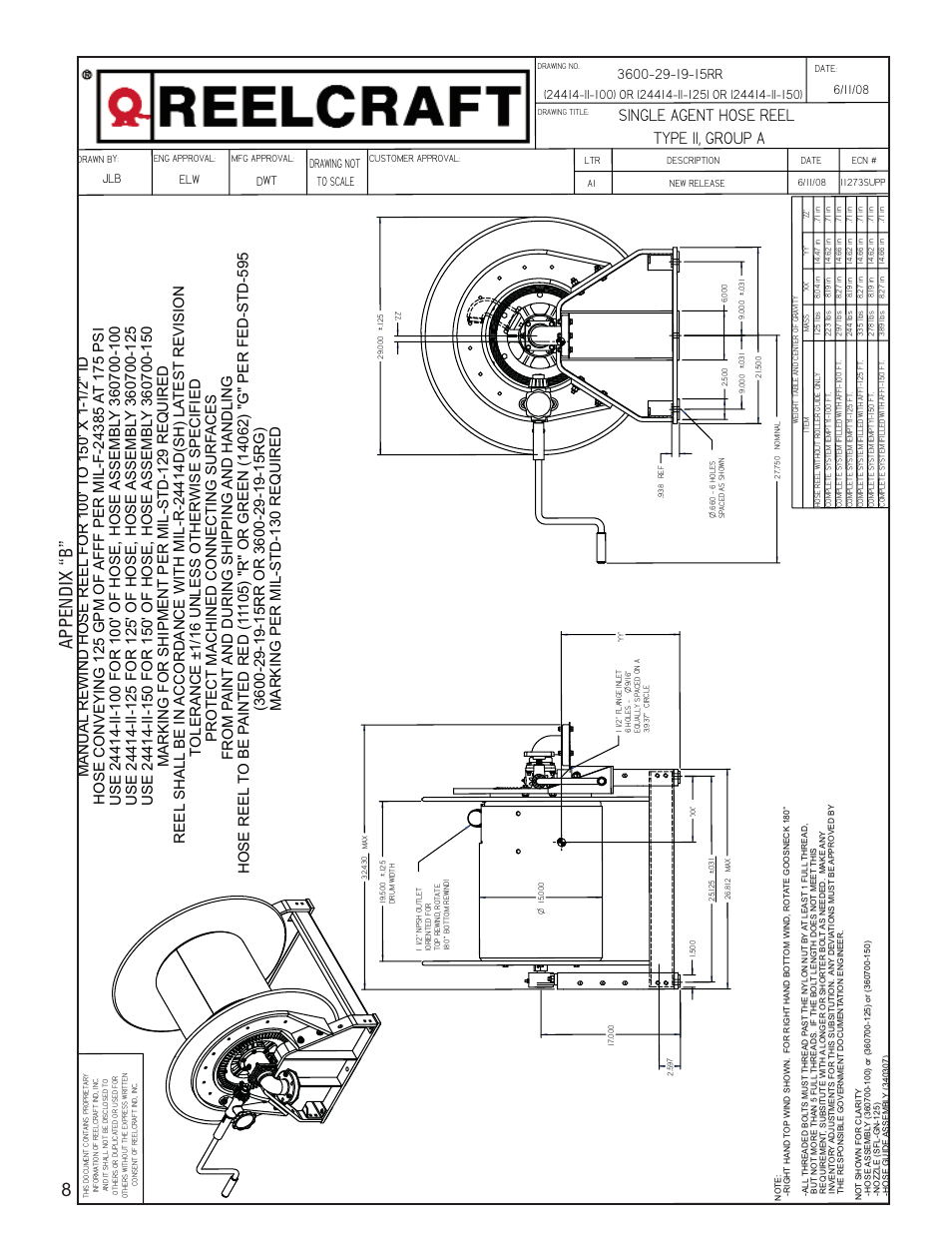 Single agent hose reel type ii, group a, Appendix “b” 8, Drawing not to scale | Dwt elw | Reelcraft AFFF Hose Reels MIL-R-24414-II-150 User Manual | Page 10 / 15