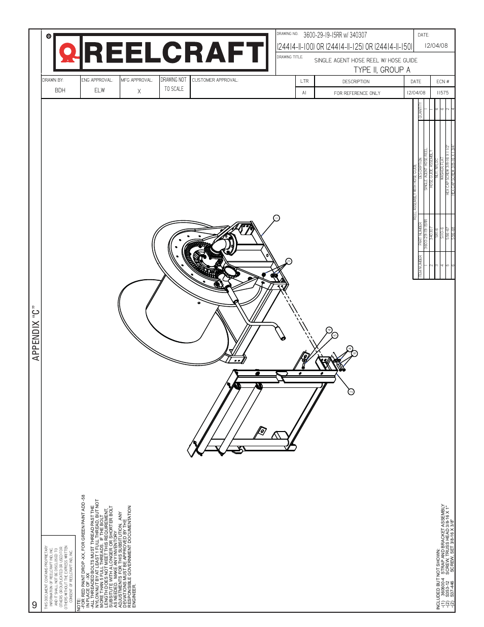 Type ii, group a, Appendix “c” 9, Xelw | Single agent hose reel w/ hose guide | Reelcraft AFFF Hose Reels MIL-R-24414-II-150 User Manual | Page 11 / 15