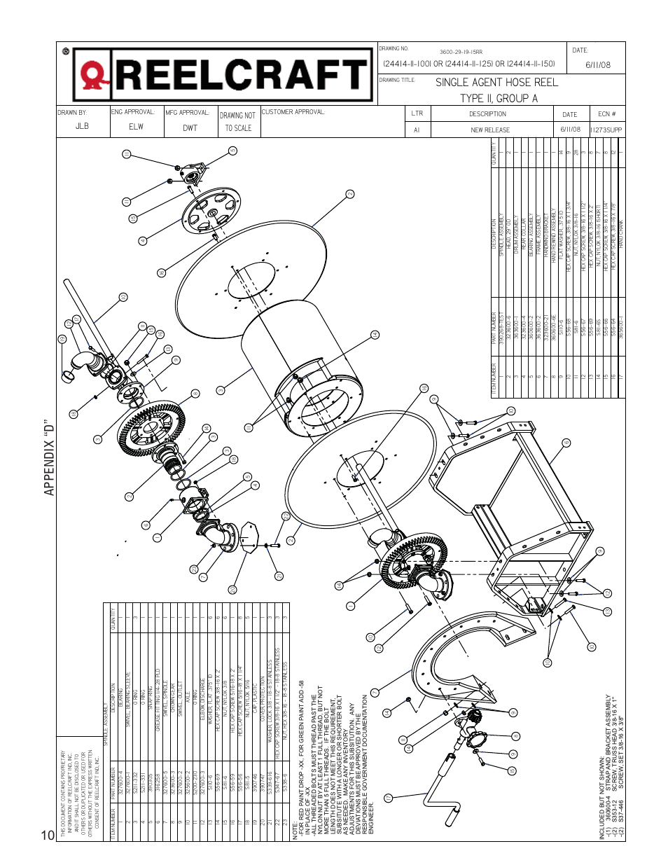 Single agent hose reel type ii, group a, Appendix “d” 10, Drawing not to scale | Dwt elw | Reelcraft AFFF Hose Reels MIL-R-24414-II-150 User Manual | Page 12 / 15