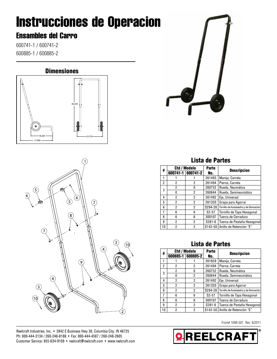 Instrucciones de operacion, Ensambles del carro, Lista de partes | Lista de partes dimensiones | Reelcraft Cart Assembly User Manual | Page 3 / 6