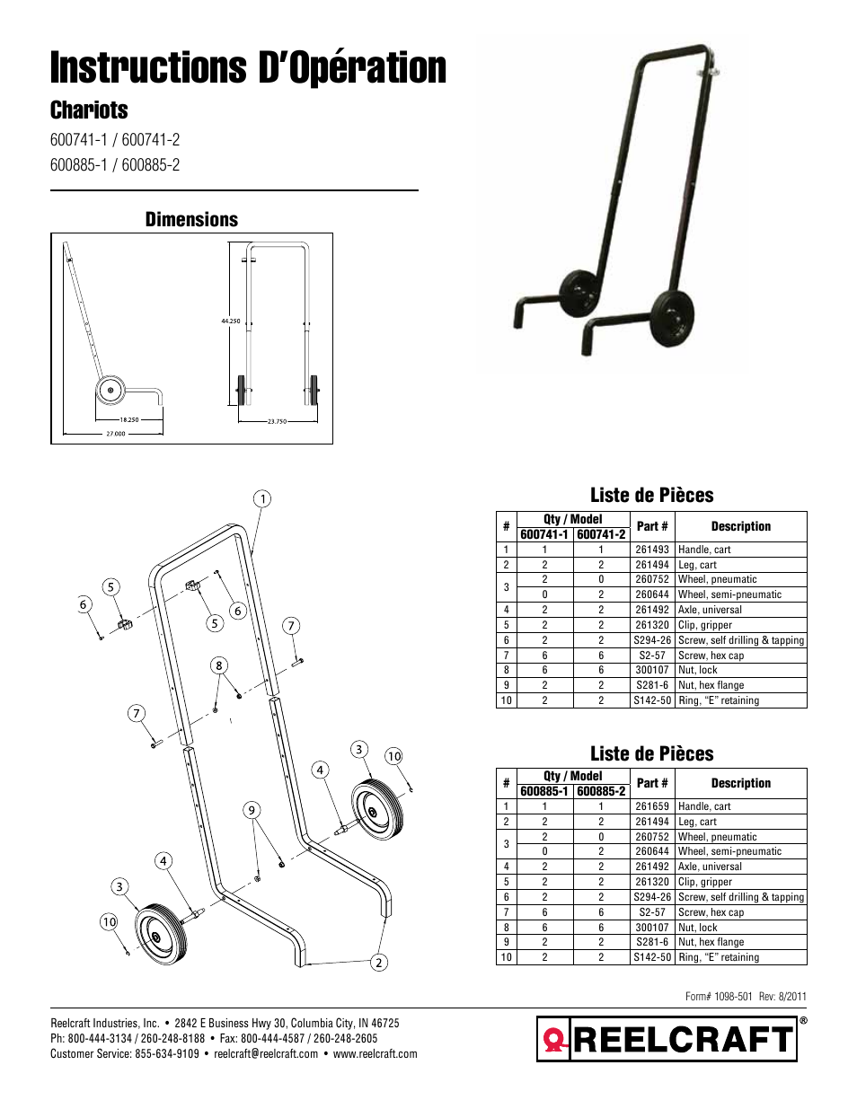 Instructions d’opération, Chariots, Liste de pièces | Liste de pièces dimensions | Reelcraft Cart Assembly User Manual | Page 5 / 6