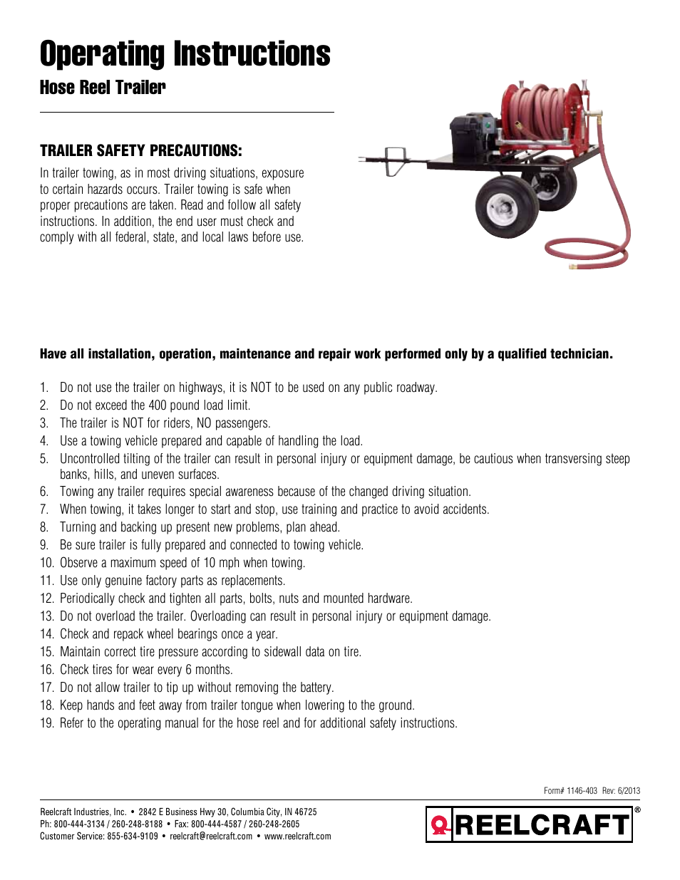 Reelcraft Hose Reel Trailer User Manual | 8 pages