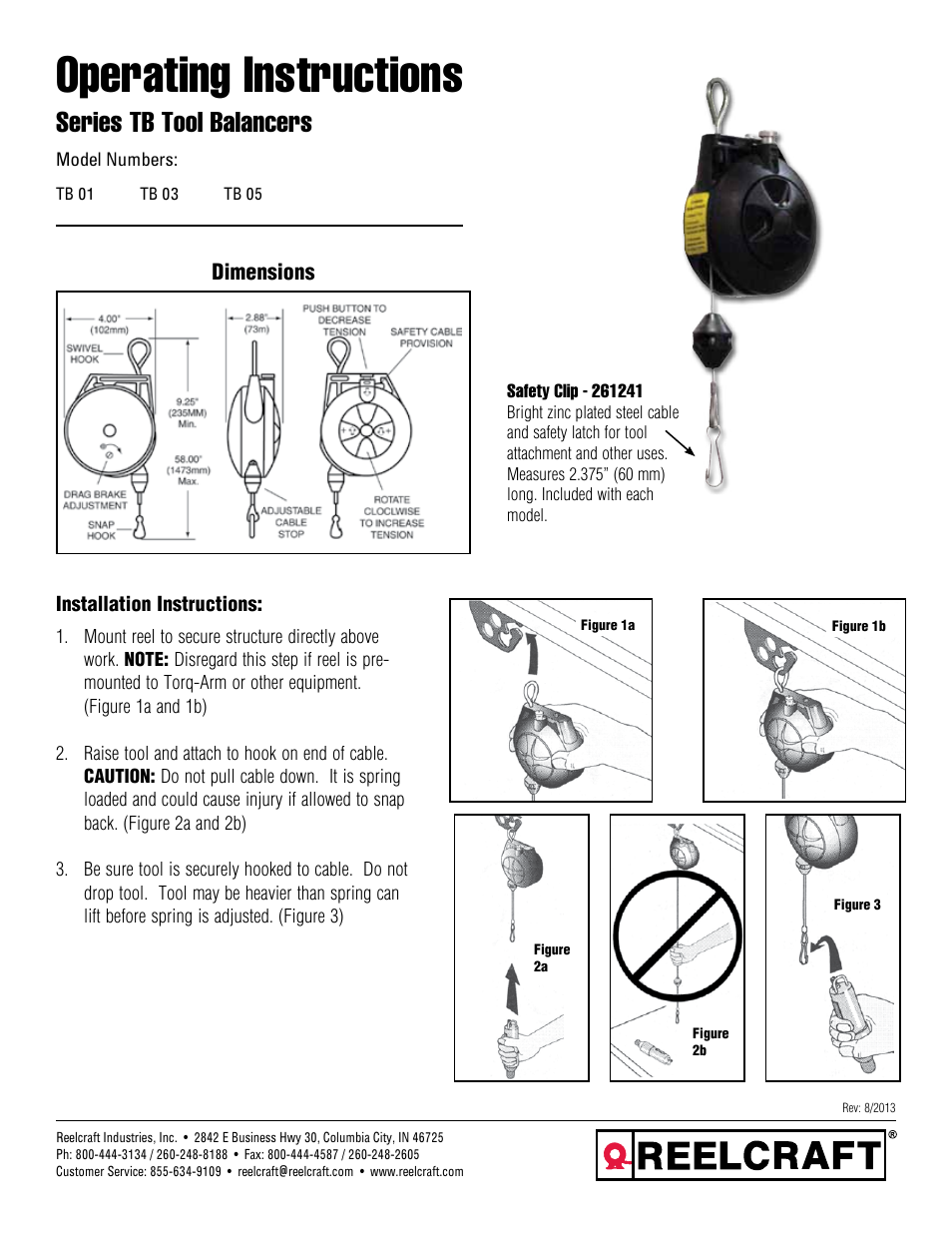 Reelcraft Series TB Tool Balancers User Manual | 2 pages